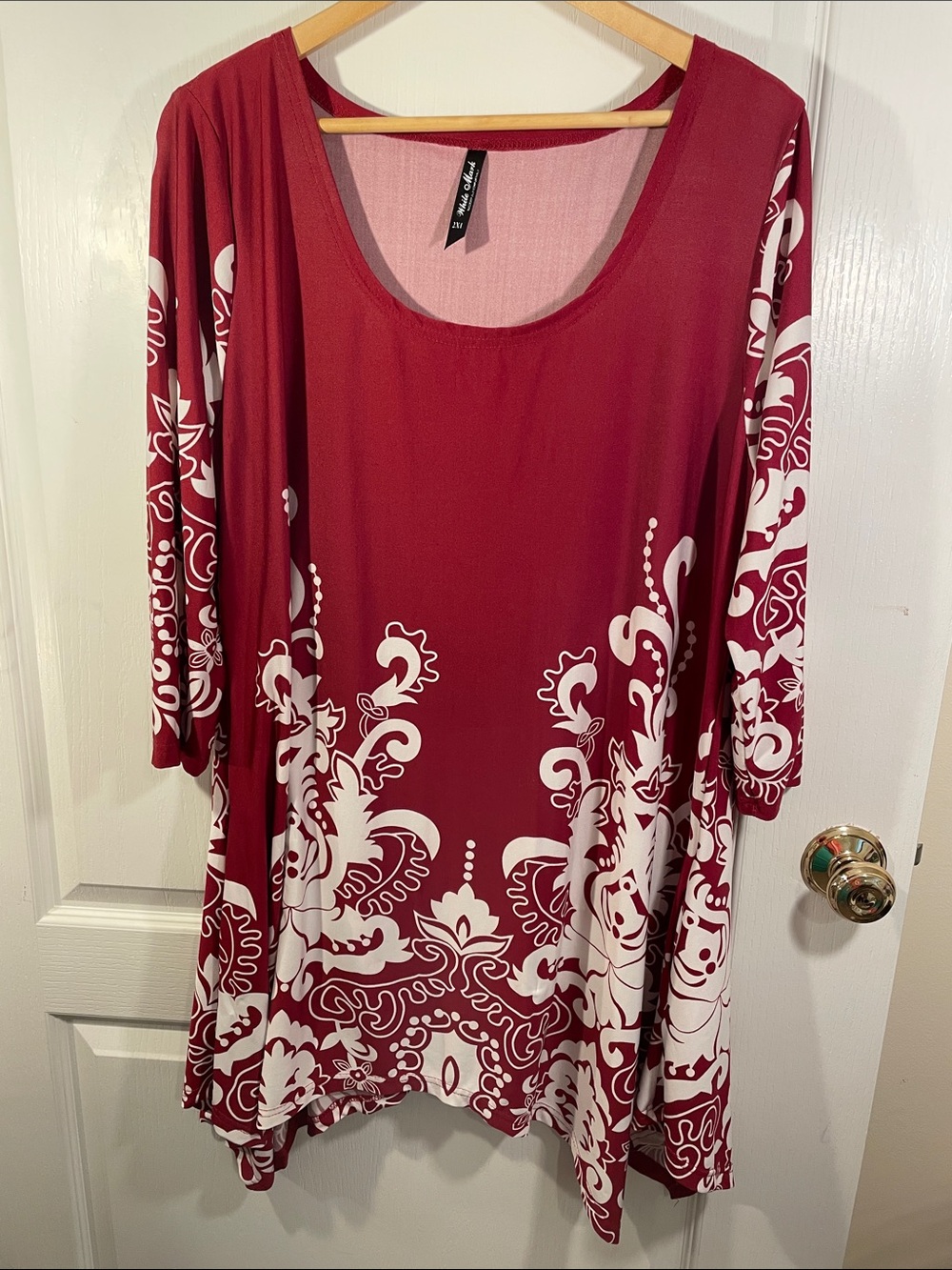 White Mark Burgundy Scoop Neck Tunic with White Scroll Design